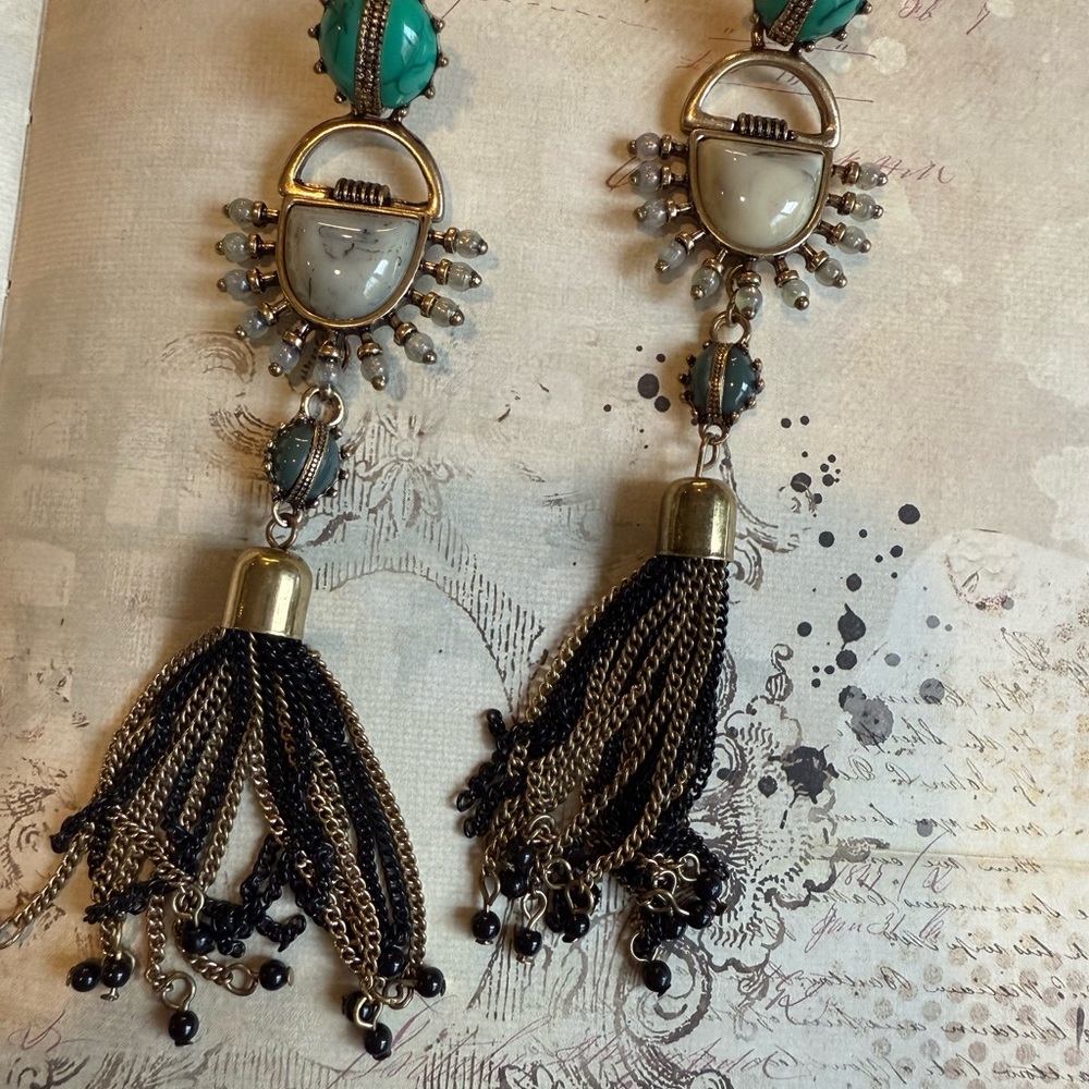 Boho Tassel Drop Earrings with Turquoise and Cream Accents